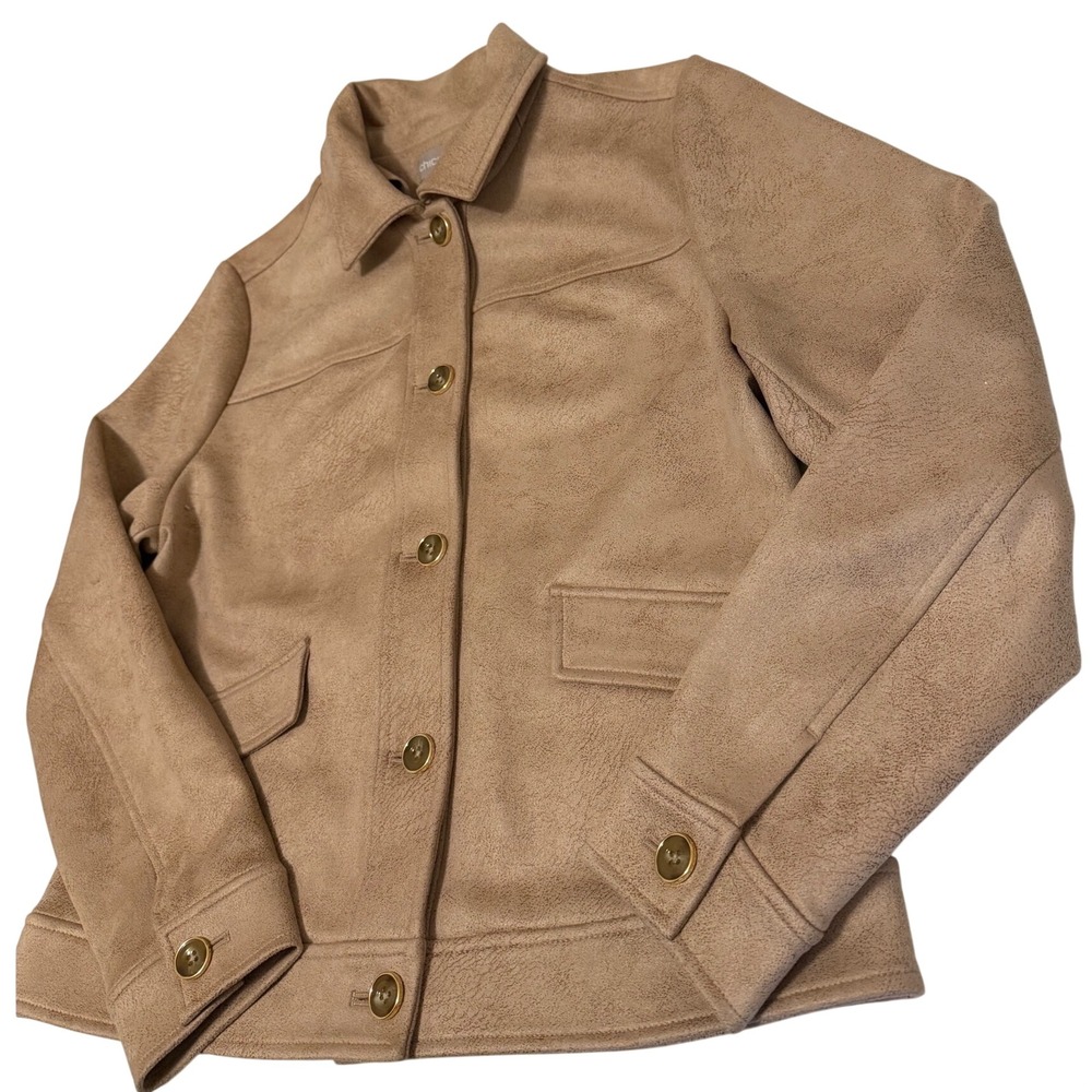 Chicos Faux Suede Jacket Beige Button Front Flap Pockets Womens Size 1 M 8-10